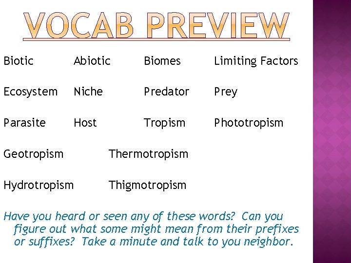 Biotic Abiotic Biomes Limiting Factors Ecosystem Niche Predator Prey Parasite Host Tropism Phototropism Geotropism