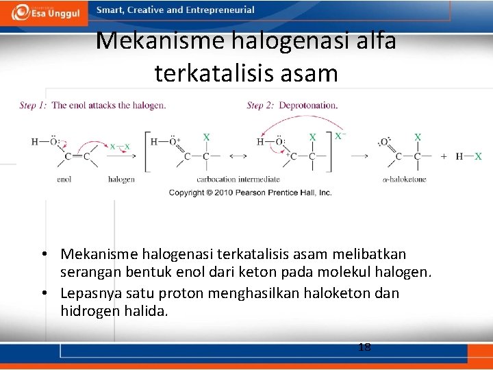 Mekanisme halogenasi alfa terkatalisis asam • Mekanisme halogenasi terkatalisis asam melibatkan serangan bentuk enol