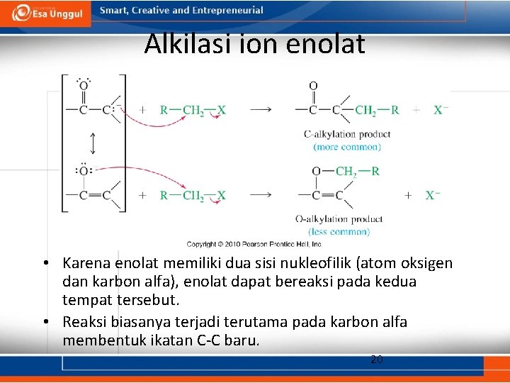 Alkilasi ion enolat • Karena enolat memiliki dua sisi nukleofilik (atom oksigen dan karbon