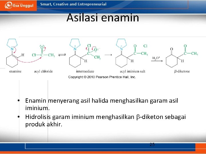 Asilasi enamin • Enamin menyerang asil halida menghasilkan garam asil iminium. • Hidrolisis garam