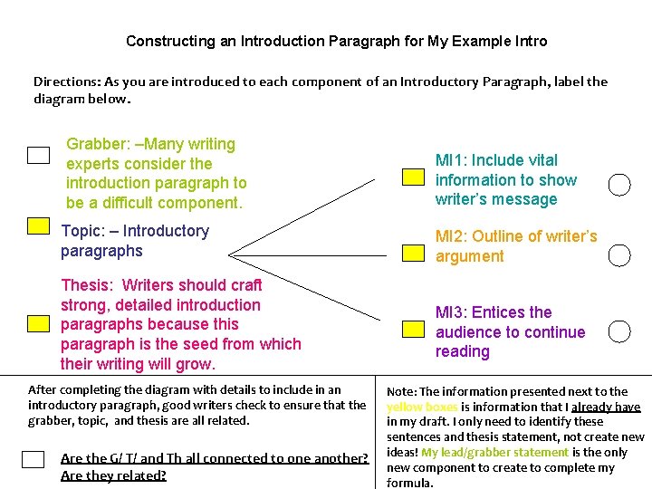 Constructing an Introduction Paragraph for My Example Intro Directions: As you are introduced to