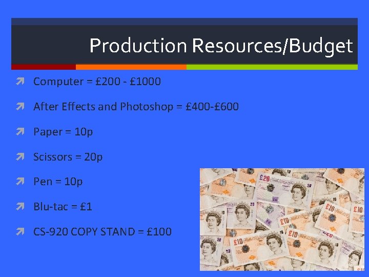 Production Resources/Budget Computer = £ 200 - £ 1000 After Effects and Photoshop =