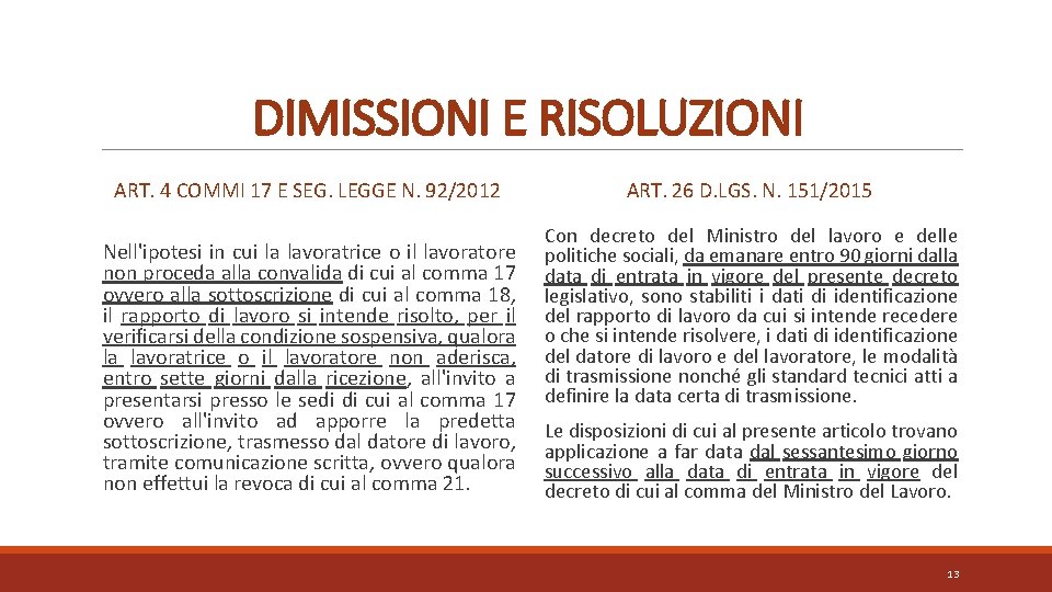 DIMISSIONI E RISOLUZIONI ART. 4 COMMI 17 E SEG. LEGGE N. 92/2012 Nell'ipotesi in