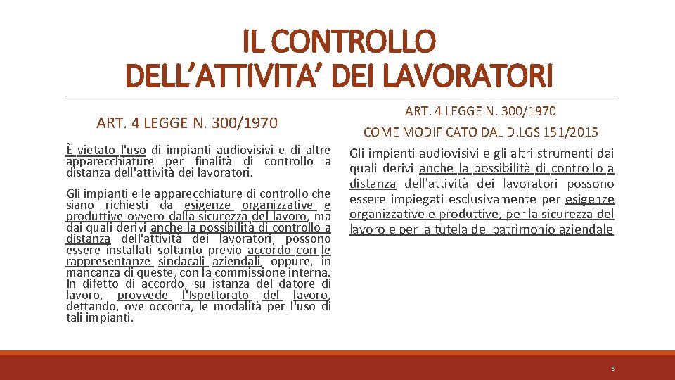 IL CONTROLLO DELL’ATTIVITA’ DEI LAVORATORI ART. 4 LEGGE N. 300/1970 È vietato l'uso di