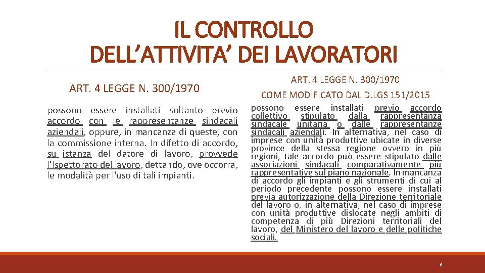 IL CONTROLLO DELL’ATTIVITA’ DEI LAVORATORI ART. 4 LEGGE N. 300/1970 possono essere installati soltanto