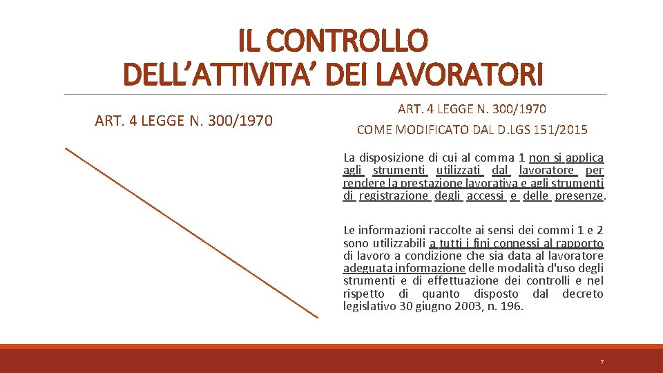 IL CONTROLLO DELL’ATTIVITA’ DEI LAVORATORI ART. 4 LEGGE N. 300/1970 COME MODIFICATO DAL D.