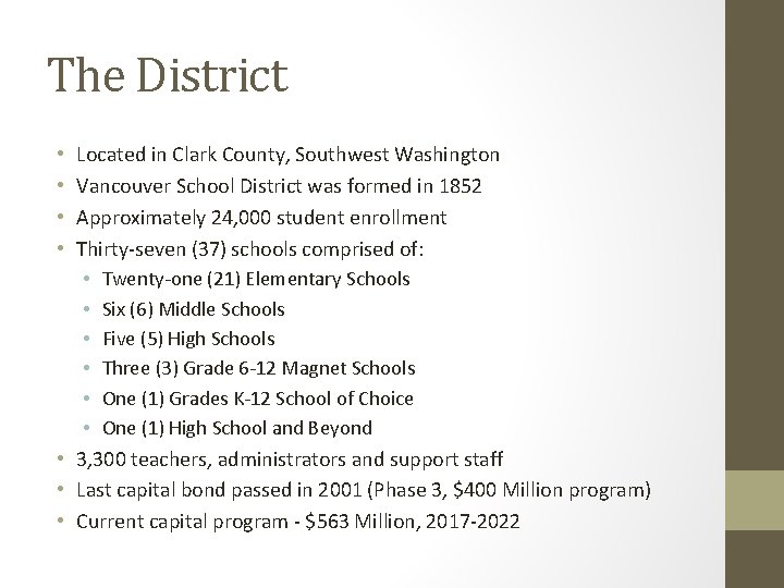 The District Located in Clark County, Southwest Washington Vancouver School District was formed in