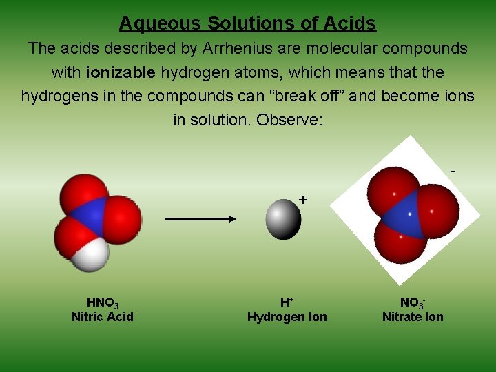 Aqueous Solutions of Acids The acids described by Arrhenius are molecular compounds with ionizable