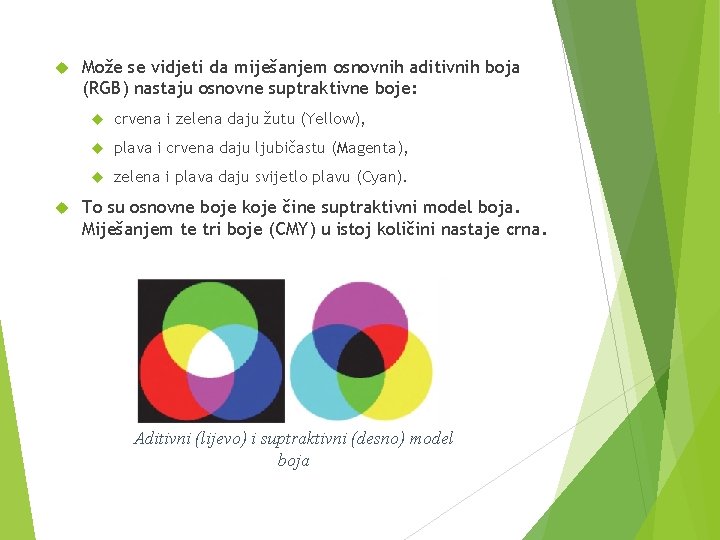  Može se vidjeti da miješanjem osnovnih aditivnih boja (RGB) nastaju osnovne suptraktivne boje: