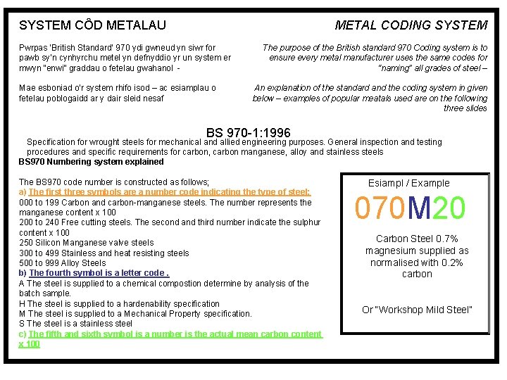 SYSTEM CÔD METALAU METAL CODING SYSTEM Pwrpas ‘British Standard’ 970 ydi gwneud yn siwr