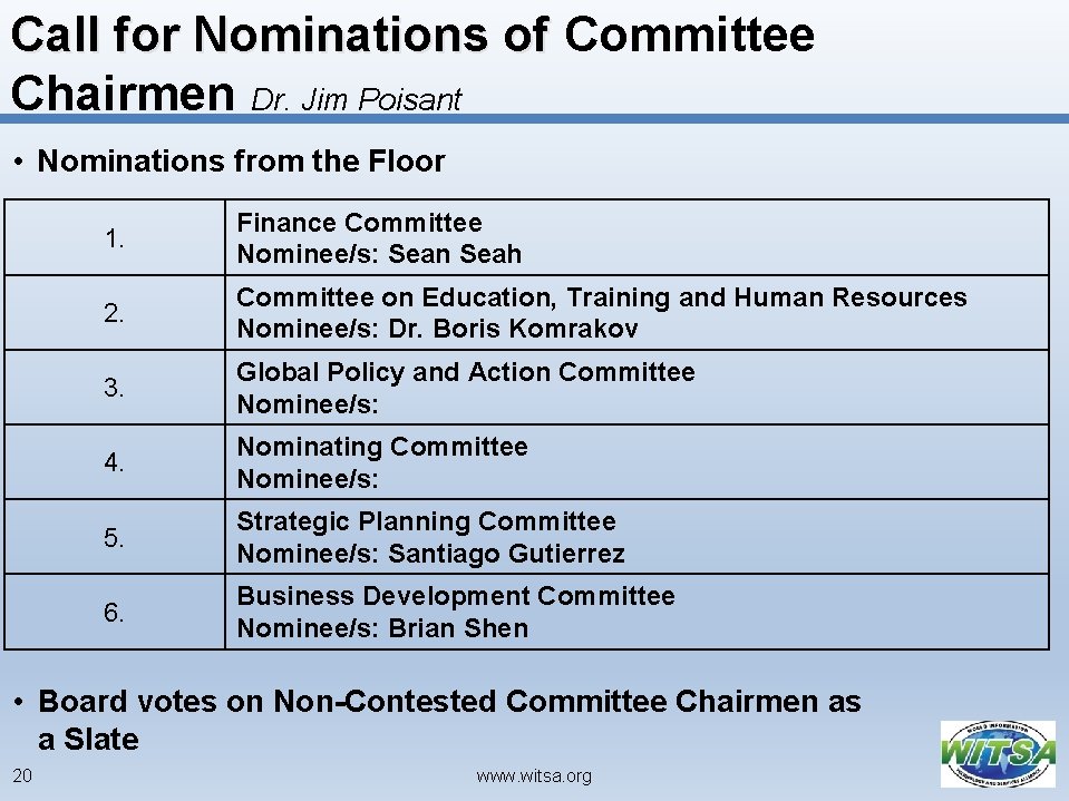 Call for Nominations of Committee Chairmen Dr. Jim Poisant • Nominations from the Floor