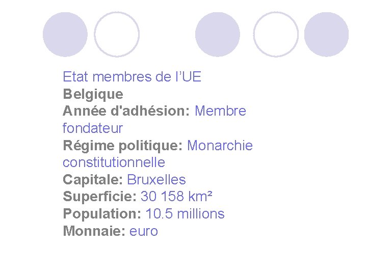 Etat membres de l’UE Belgique Année d'adhésion: Membre fondateur Régime politique: Monarchie constitutionnelle Capitale: