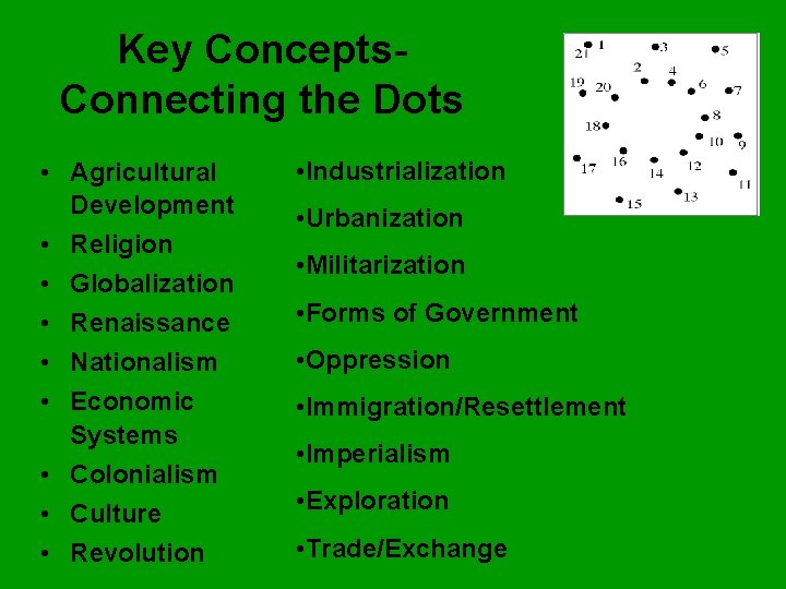 Key Concepts. Connecting the Dots • Agricultural Development • Religion • Globalization • Renaissance