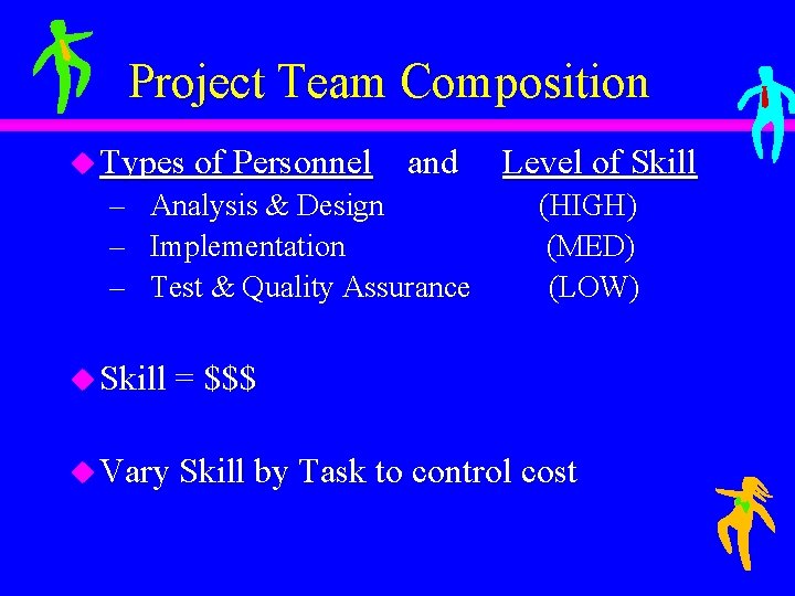Project Team Composition u Types of Personnel – – – and Analysis & Design