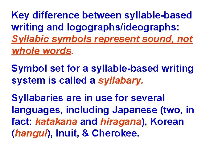 Key difference between syllable-based writing and logographs/ideographs: Syllabic symbols represent sound, not whole words.