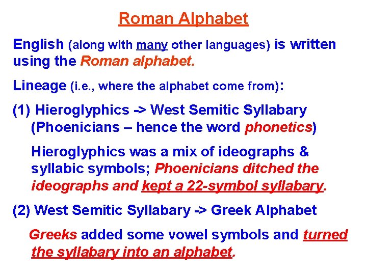 Roman Alphabet English (along with many other languages) is written using the Roman alphabet.