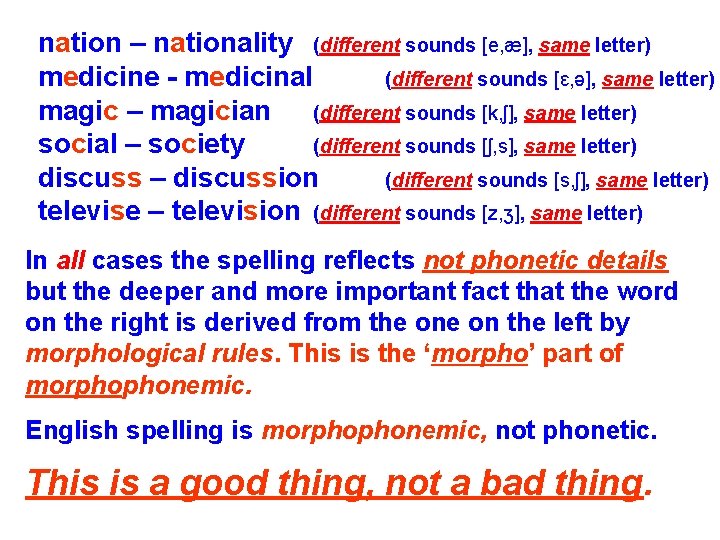 nation – nationality (different sounds [e, æ], same letter) medicine - medicinal (different sounds