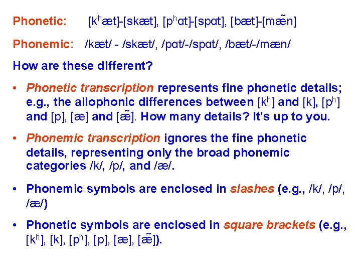 Phonetic: [khæt]-[skæt], [phɑt]-[spɑt], [bæt]-[mæ n] Phonemic: /kæt/ - /skæt/, /pɑt/-/spɑt/, /bæt/-/mæn/ How are these