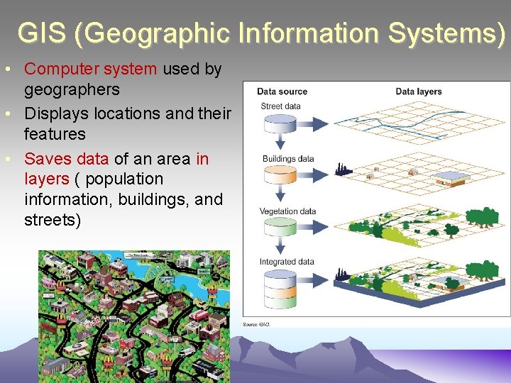 GIS (Geographic Information Systems) • Computer system used by geographers • Displays locations and