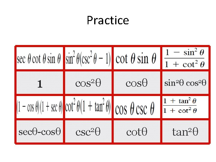 Practice 1 cos 2θ cosθ sin 2θ cos 2θ secθ-cosθ csc 2θ cotθ tan