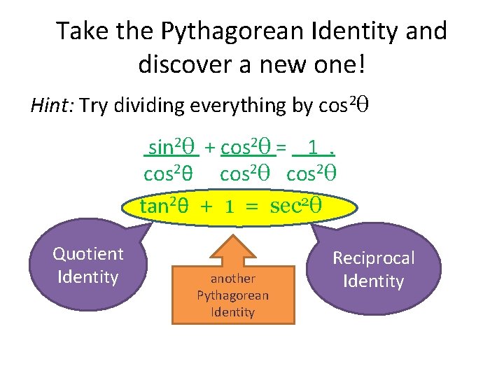 Take the Pythagorean Identity and discover a new one! Hint: Try dividing everything by