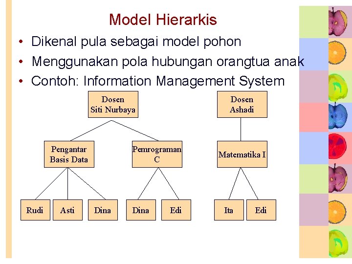Model Hierarkis • Dikenal pula sebagai model pohon • Menggunakan pola hubungan orangtua anak Model Hierarkis • Dikenal pula sebagai model pohon • Menggunakan pola hubungan orangtua anak