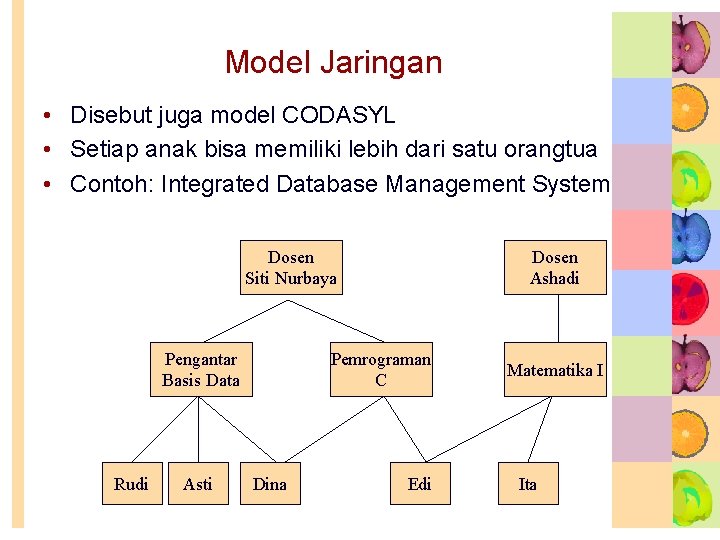 Model Jaringan • Disebut juga model CODASYL • Setiap anak bisa memiliki lebih dari Model Jaringan • Disebut juga model CODASYL • Setiap anak bisa memiliki lebih dari