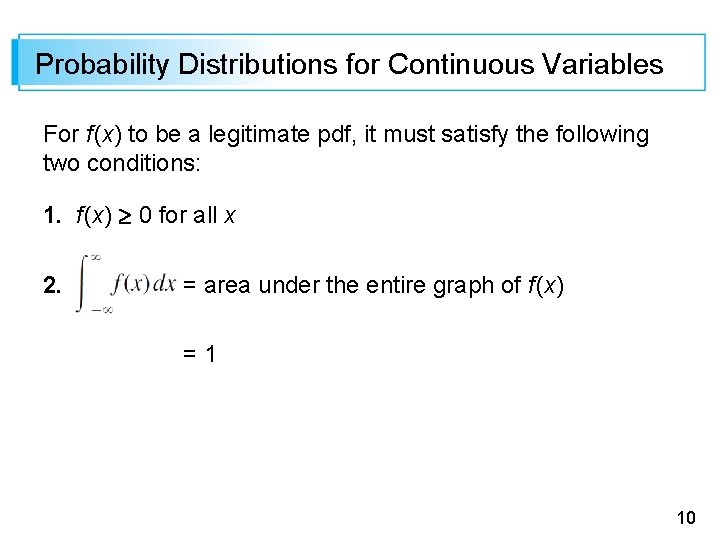 Probability Distributions for Continuous Variables For f (x) to be a legitimate pdf, it