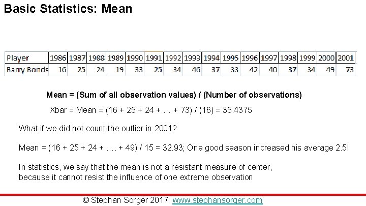 Basic Statistics: Mean = (Sum of all observation values) / (Number of observations) Xbar Basic Statistics: Mean = (Sum of all observation values) / (Number of observations) Xbar