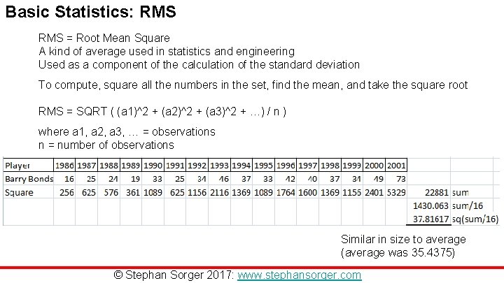Basic Statistics: RMS = Root Mean Square A kind of average used in statistics Basic Statistics: RMS = Root Mean Square A kind of average used in statistics