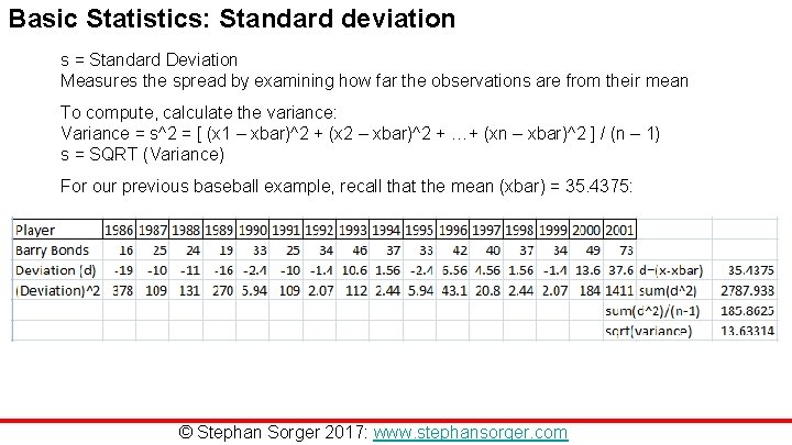 Basic Statistics: Standard deviation s = Standard Deviation Measures the spread by examining how Basic Statistics: Standard deviation s = Standard Deviation Measures the spread by examining how