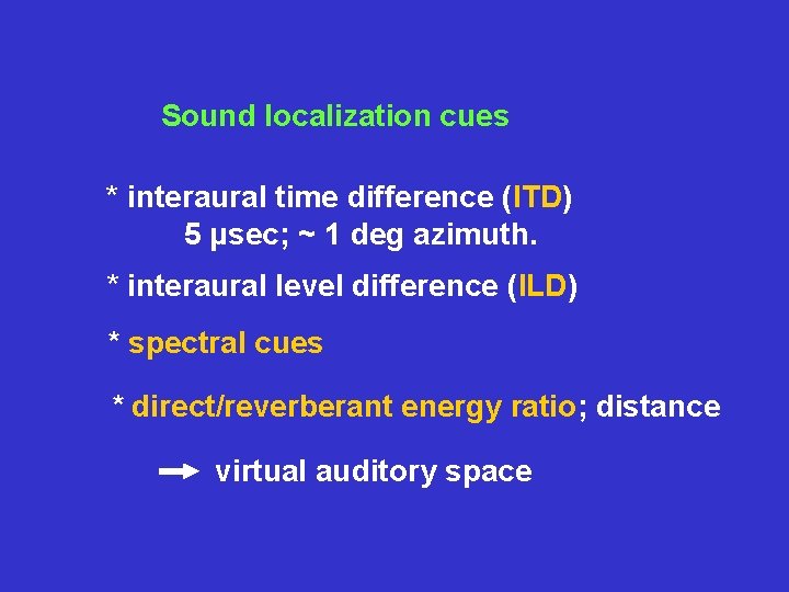 Sound localization cues * interaural time difference (ITD) 5 μsec; ~ 1 deg azimuth.