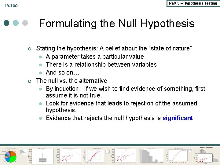 Part 5 – Hypothesis Testing 19/100 Formulating the Null Hypothesis ¢ ¢ Stating the