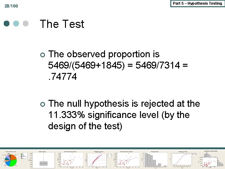 Part 5 – Hypothesis Testing 28/100 The Test ¢ The observed proportion is 5469/(5469+1845)