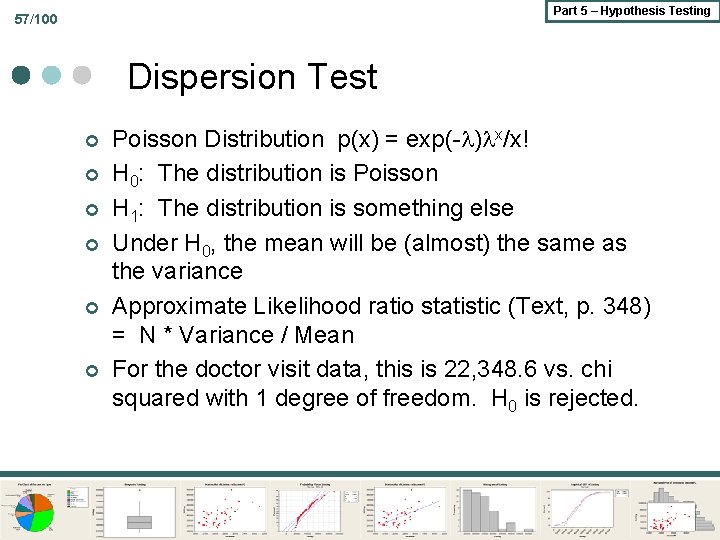 Part 5 – Hypothesis Testing 57/100 Dispersion Test ¢ ¢ ¢ Poisson Distribution p(x)