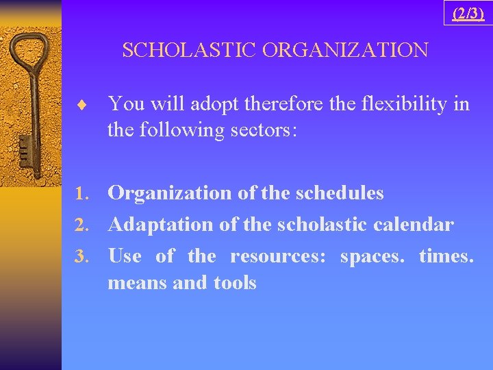 (2/3) SCHOLASTIC ORGANIZATION ¨ You will adopt therefore the flexibility in the following sectors: