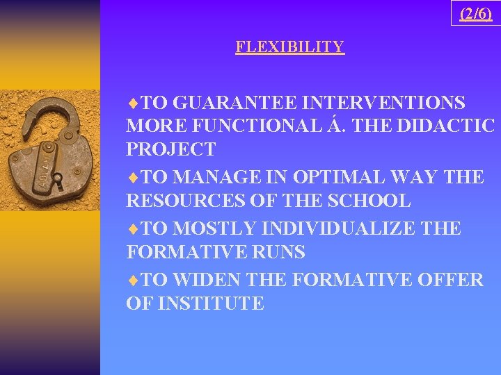 (2/6) FLEXIBILITY ¨TO GUARANTEE INTERVENTIONS MORE FUNCTIONAL Á. THE DIDACTIC PROJECT ¨TO MANAGE IN