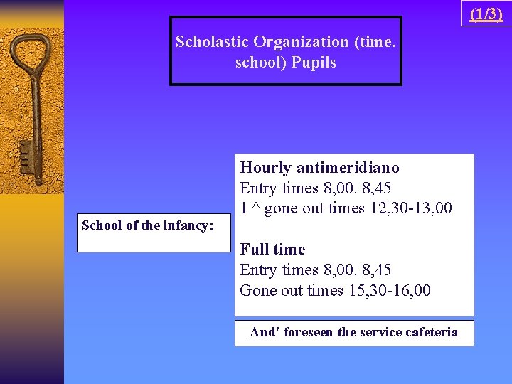 (1/3) Scholastic Organization (time. school) Pupils School of the infancy: Hourly antimeridiano Entry times