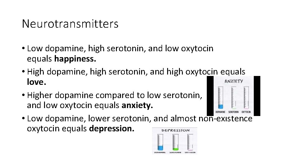 Neurotransmitters • Low dopamine, high serotonin, and low oxytocin equals happiness. • High dopamine,