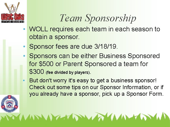 Team Sponsorship • WOLL requires each team in each season to obtain a sponsor.