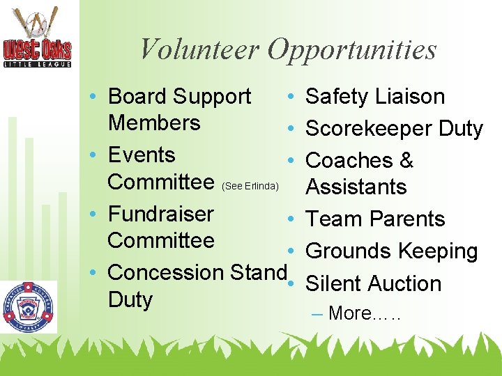 Volunteer Opportunities • Board Support • Members • • Events • Committee (See Erlinda)