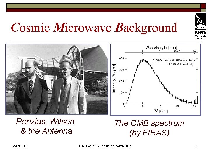 Cosmic Microwave Background Penzias, Wilson & the Antenna March 2007 The CMB spectrum (by