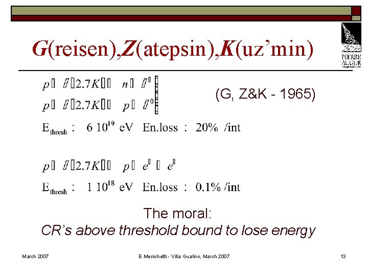 G(reisen), Z(atepsin), K(uz’min) (G, Z&K - 1965) The moral: CR’s above threshold bound to