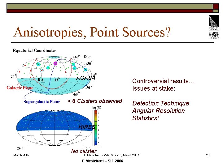 Anisotropies, Point Sources? AGASA > 6 Clusters observed Controversial results… Issues at stake: Detection