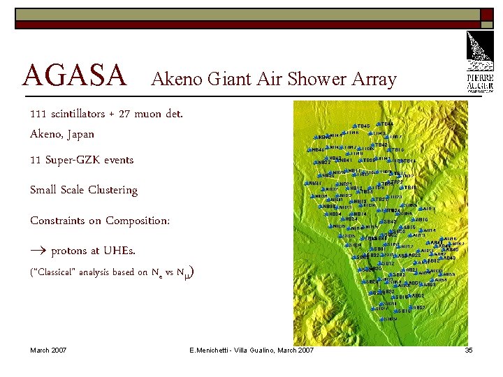 AGASA Akeno Giant Air Shower Array 111 scintillators + 27 muon det. Akeno, Japan