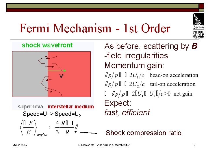 Fermi Mechanism - 1 st Order As before, scattering by B -field irregularities Momentum
