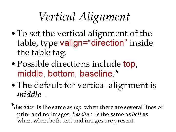 Vertical Alignment • To set the vertical alignment of the table, type valign=“direction” inside Vertical Alignment • To set the vertical alignment of the table, type valign=“direction” inside