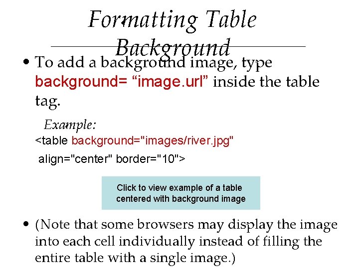 Formatting Table Background • To add a background image, type background= “image. url” inside Formatting Table Background • To add a background image, type background= “image. url” inside