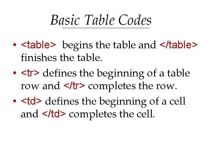 Basic Table Codes • <table> begins the table and </table> finishes the table. • Basic Table Codes • <table> begins the table and </table> finishes the table. •