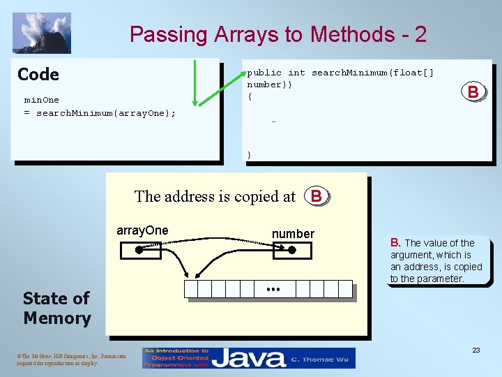 Passing Arrays to Methods - 2 Code min. One = search. Minimum(array. One); public